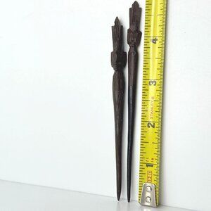 Hand-Carved Wooden Hair Sticks Tribal Face Design Approx. 4.5" Vintage